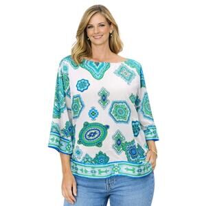 Chico’s Blue Green Medallion Print Boatneck Top Size 2 M/L